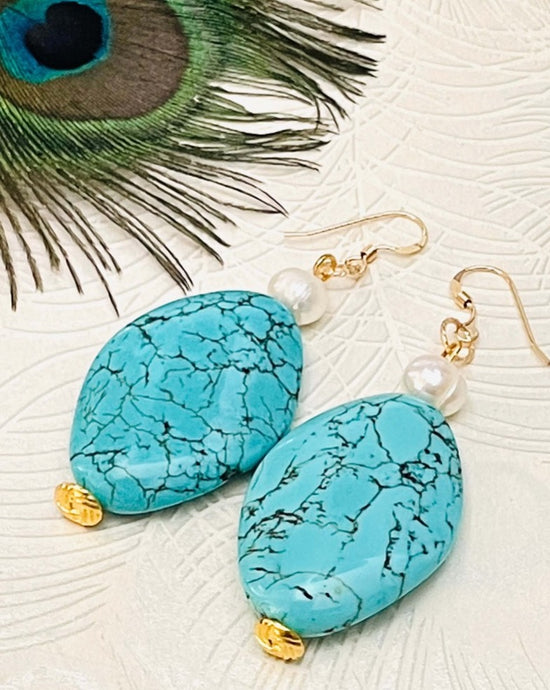 Large Turquoise Gemstone & Freshwater Pearl Earring