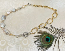 Load image into Gallery viewer, mixed shape white keshi pearl necklace with gold and silver chain next to peacock feather 
