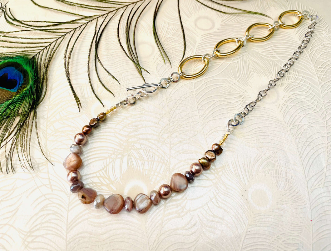 bronze toned freshwater pearls, Swarovski Crystal & coffee coloured Moonstone beaded necklace