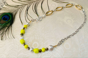 Neon yellow Swarovski Crystal & freshwater pearl necklace