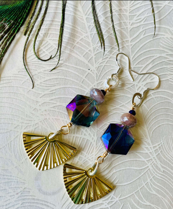 Purple-Swarovski -Crystal -Hexagonal-Earrings- with -Gold -Fan-Moonstone-silver=ear-hooks