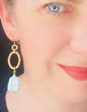 Load image into Gallery viewer, Keshi -rectangular shaped -Pearl -earring -with -gold- toned -metal -loop -on- gold- filled- ear-hook-worn-on-model-blue-eyes-black-shirt