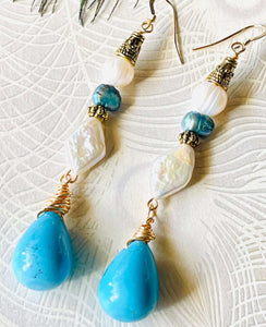 Earring with Turquoise teardrop stone with gold wire wrapping diamond shaped keshi pear, gold beads & gold ear hooks