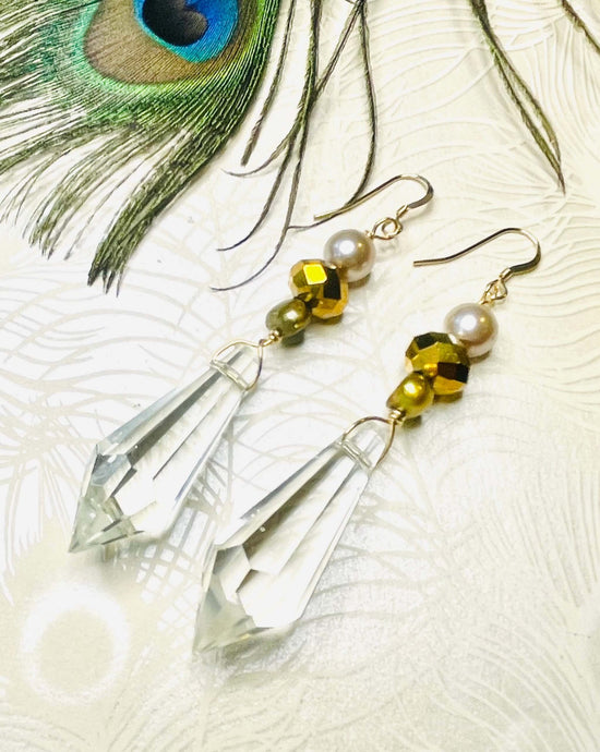 Clear Quartz Crystal Faceted point feature stone with Swarovski Crystal & freshwater pearl on filled gold ear hooks with peacock feather