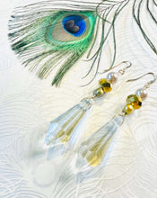 Load image into Gallery viewer, Clear Quartz Crystal Faceted point feature stone with Swarovski Crystal &amp; freshwater pearl on filled gold ear hooks with peacock feather