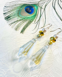 Clear Quartz Crystal Faceted point feature stone with Swarovski Crystal & freshwater pearl on filled gold ear hooks with peacock feather