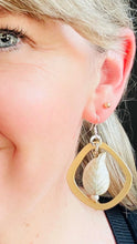 Load image into Gallery viewer, white-gold-cloissone-leaf-with=freshwater-pearl-gold-loop-silver-ear-hook-with-peacock-feather-worn-by-blonde-model-with-blue-eyes