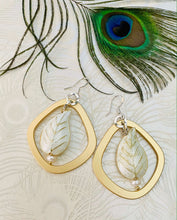 Load image into Gallery viewer, white-gold-cloissone-leaf-with=freshwater-pearl-gold-loop-silver-ear-hook-with-peacock-feather