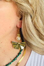 Load image into Gallery viewer, Gold -wavy--metal- fan-earrings-with-round-pearl-small-gold-rose-bead-on gold-hooks-shown-on-blonde-haired-model-with-malachite-necklace