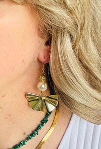 Gold -wavy--metal- fan-earrings-with-round-pearl-small-gold-rose-bead-on gold-hooks-shown-on-blonde-haired-model-with-malachite-necklace