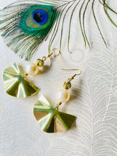 Load image into Gallery viewer, Gold -wavy--metal- fan-earrings-with-round-pearl-small-gold-rose-bead-on gold-hooks