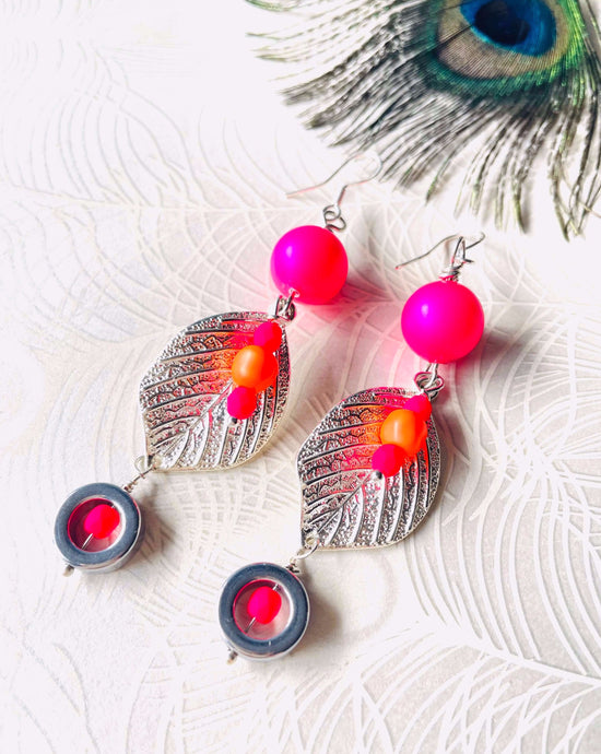 Neon pink & orange Swarovski pearl, hematite & & silver plated metal leaf earrings on sterling silver hooks
