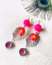 Load image into Gallery viewer, Neon pink &amp; orange Swarovski pearl, hematite &amp; &amp; silver plated metal leaf earrings on sterling silver hooks
