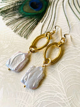 Load image into Gallery viewer, Keshi-rectangle-pearl-with-gold-loop-earrings-with=peacock-feather