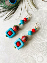 Load image into Gallery viewer, Turquoise square &amp; red crystal earrings with red enamel cloisonné bead &amp; 14ct gold filled ear hooks