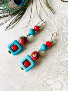 Turquoise square & red crystal earrings with red enamel cloisonné bead & 14ct gold filled ear hooks