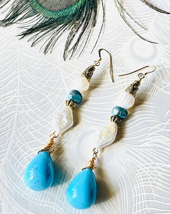 Earring with Turquoise teardrop stone with gold wire wrapping diamond shaped keshi pear, gold beads 7 gold ear hooks