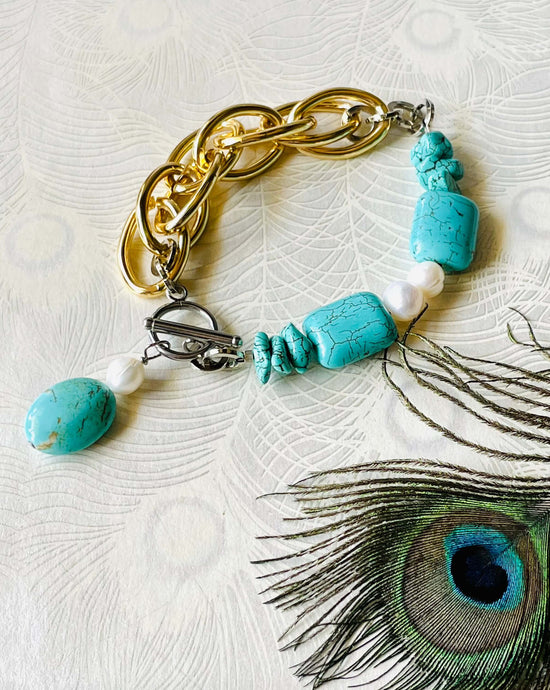 Turquoise & Keshi Pearl Gold Chain Bracelet