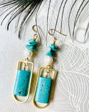 Load image into Gallery viewer, Turquoise pillow shape stone with gold frame  freshwater pearl and turquoise earring against a light background with a peacock feather